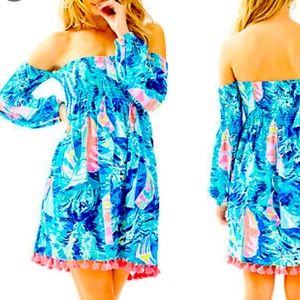 Lilly Pulitzer Trina Beach Dress off shoulder. Sz  XL Hey Bae-Bay Sailboat print